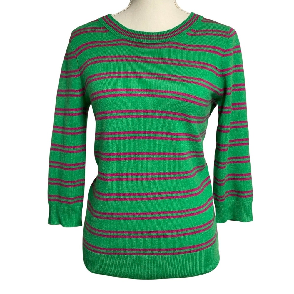J. Crew Italian Cashmere Green Pink Stripe Crewneck Women's Small
